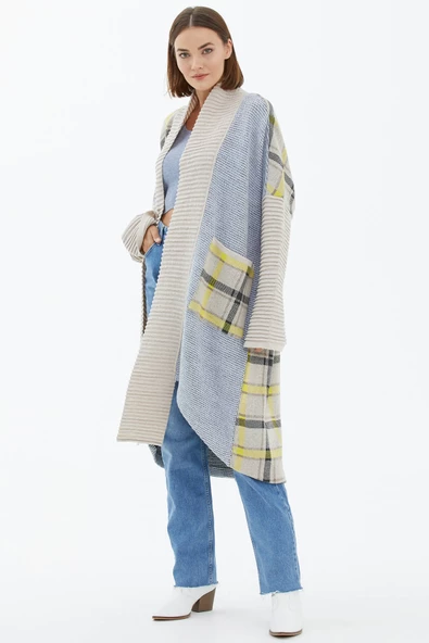 Şal Yaka Uzun Triko Hırka - Bej - Resim 4