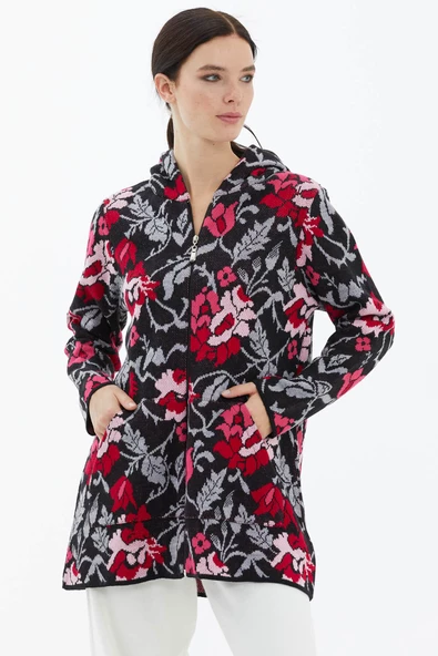 Kapüşonlu Fermuarlı İçi Yumoş Astarlı Triko Ceket - Siyah - Resim 3