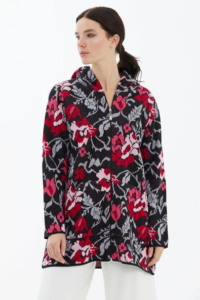 Kapüşonlu Fermuarlı İçi Yumoş Astarlı Triko Ceket - Siyah - Resim 2