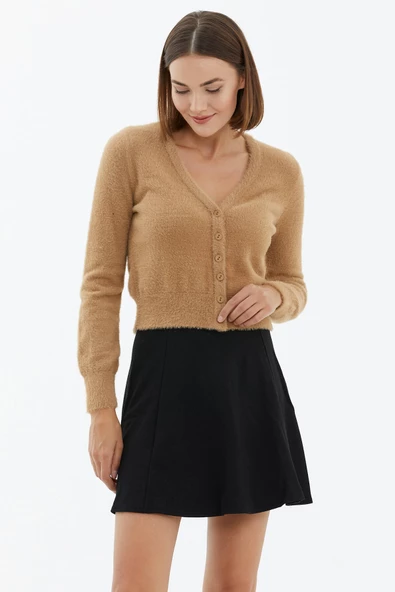 V Yaka Düğmeli Triko Hırka - Kamel ürün görseli