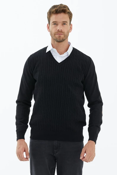 Süet Garnili Saç Örgülü Triko Kazak - Siyah - Resim 2