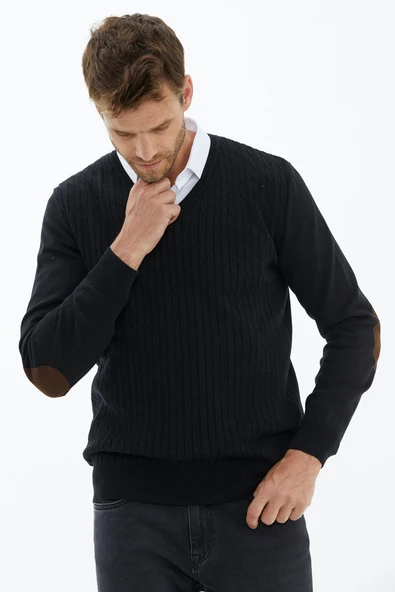 Süet Garnili Saç Örgülü Triko Kazak - Siyah - Resim 3