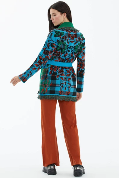 Şal Yaka Püsküllü Çiçek Desenli  Triko Hırka - Turkuaz - Resim 4