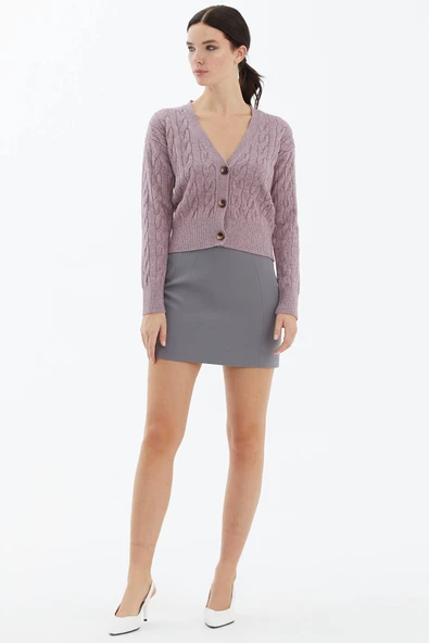 V Yaka Düğmeli Saç Örgülü Triko Hırka - Gül ürün görseli