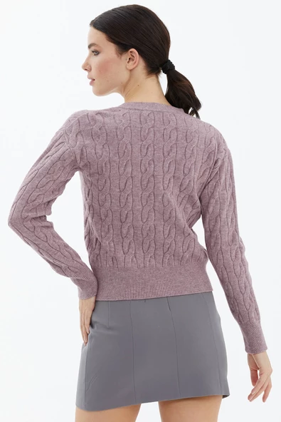 V Yaka Düğmeli Saç Örgülü Triko Hırka - Gül - Resim 4