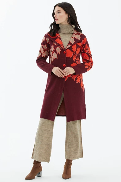 Geniş Polo Yaka Desenli Triko Hırka - Bordo - 2