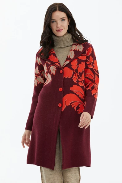 Geniş Polo Yaka Desenli Triko Hırka - Bordo - 1