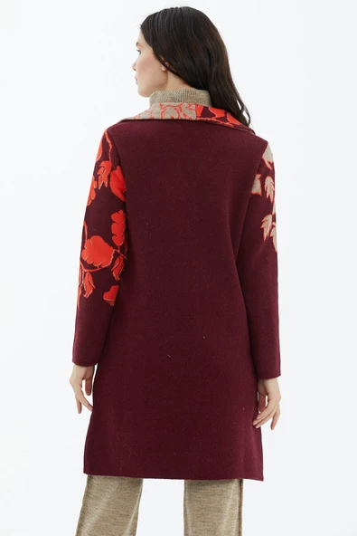 Geniş Polo Yaka Desenli Triko Hırka - Bordo - 4