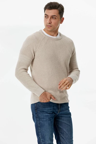 Sıfır Yaka Triko Kazak - Açık Bej - Resim 5