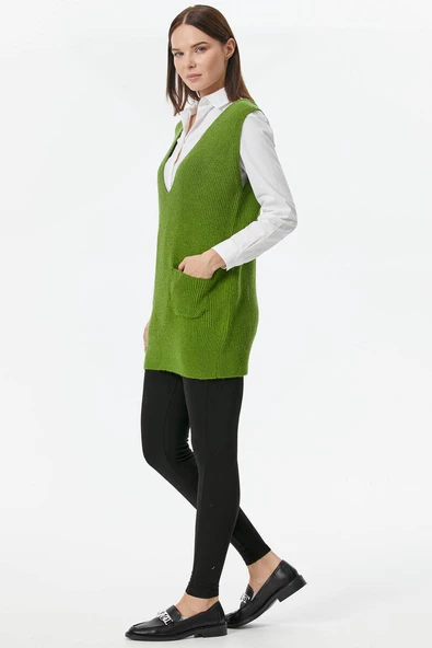 Derin V Yaka Cepli Uzun Triko Süveter - Yeşil - 4