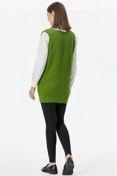 Derin V Yaka Cepli Uzun Triko Süveter - Yeşil - 5