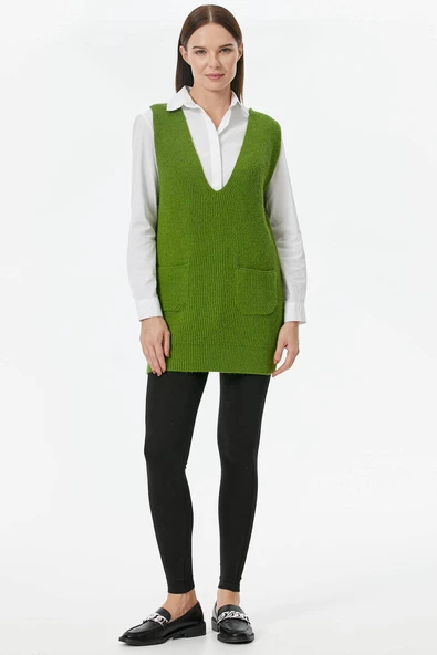 Derin V Yaka Cepli Uzun Triko Süveter - Yeşil - 2