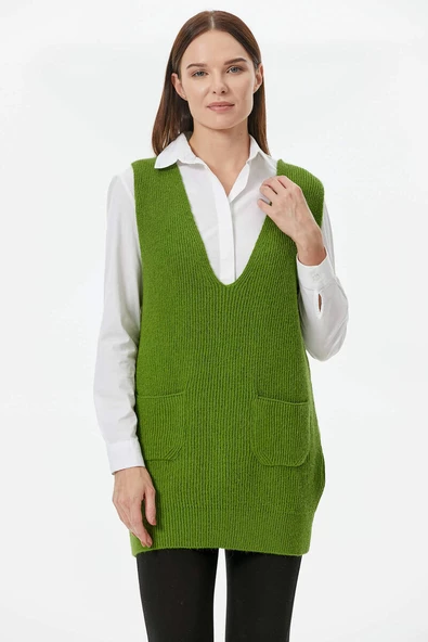 Derin V Yaka Cepli Uzun Triko Süveter - Yeşil