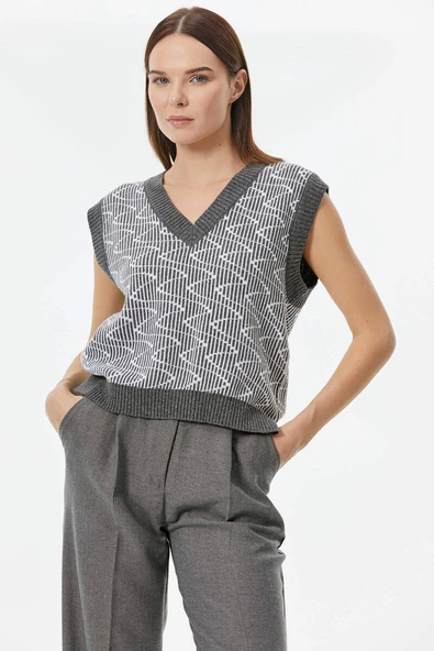 Zikzak Desenli Triko Süveter - Gri - Resim 3