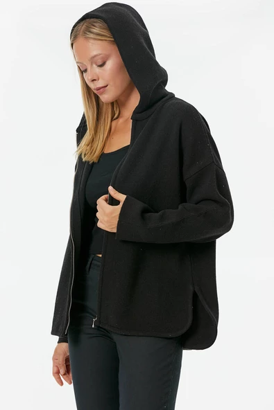 Çelik Örgü Fermuarlı Kapüşonlu Triko Ceket - Siyah - Resim 4