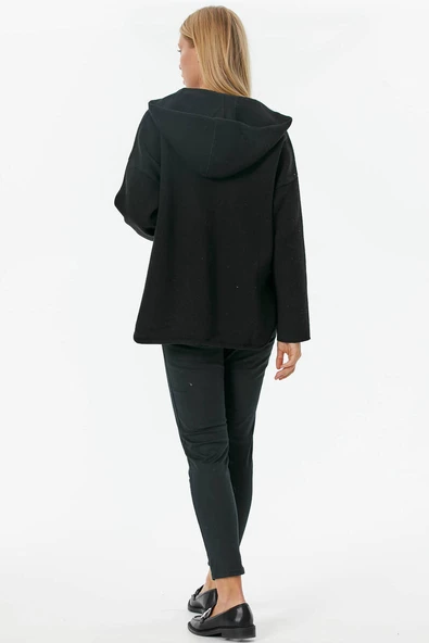 Çelik Örgü Fermuarlı Kapüşonlu Triko Ceket - Siyah - Resim 5