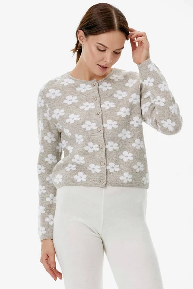 Sıfır Yaka Düğmeli Çiçek Desenli Triko Hırka - Vizon - Resim 2