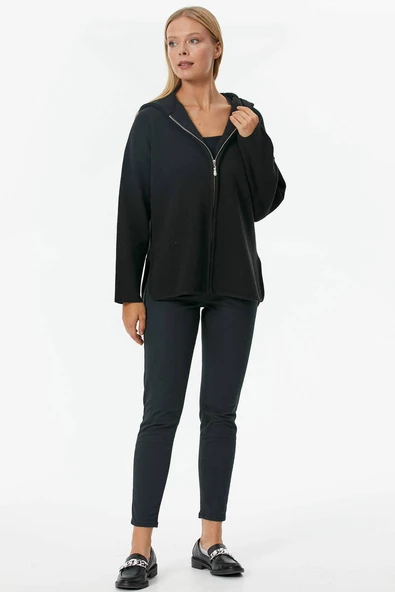Çelik Örgü Fermuarlı Kapüşonlu Triko Ceket - Siyah - Resim 2