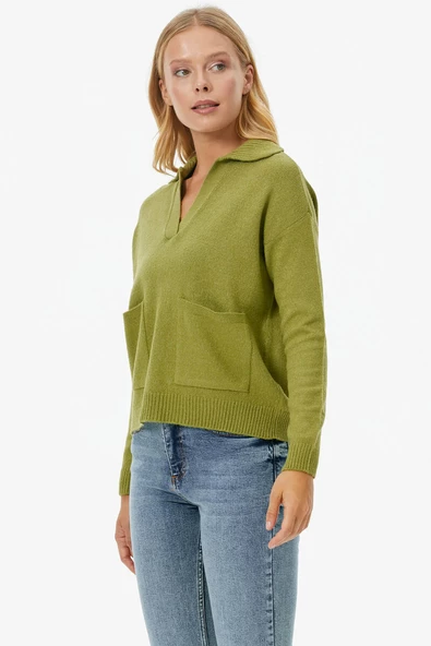 Polo Yaka Cepli Triko Kazak - Yeşil - Resim 3