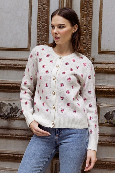 İnci Düğmeli Çiçek Desenli Triko Hırka - Kemik - Resim 3