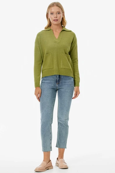 Polo Yaka Cepli Triko Kazak - Yeşil ürün görseli