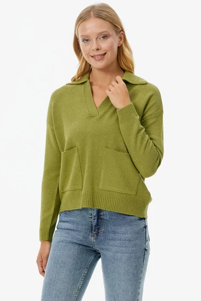 Polo Yaka Cepli Triko Kazak - Yeşil - Resim 2