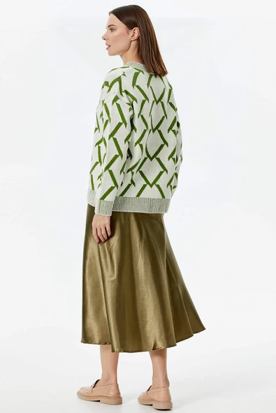 Geometrik Desenli Triko Hırka - Kemik - Yeşil - Resim 7