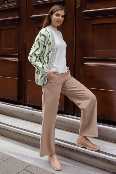 Geometrik Desenli Triko Hırka - Kemik - Yeşil - Resim 2