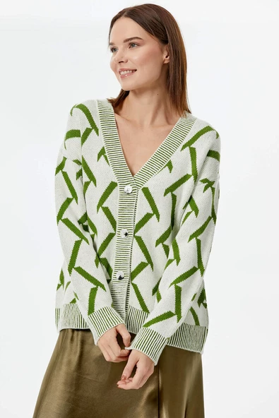 Geometrik Desenli Triko Hırka - Kemik - Yeşil - Resim 6