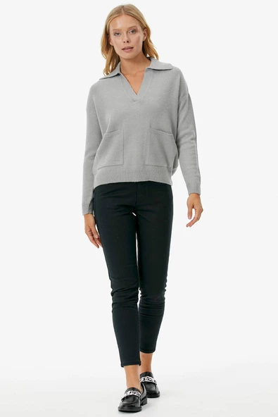 Polo Yaka Cepli Triko Kazak - Açık Gri - Resim 2