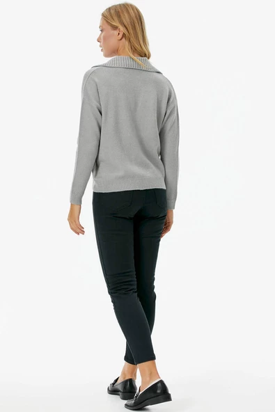 Polo Yaka Cepli Triko Kazak - Açık Gri - Resim 4