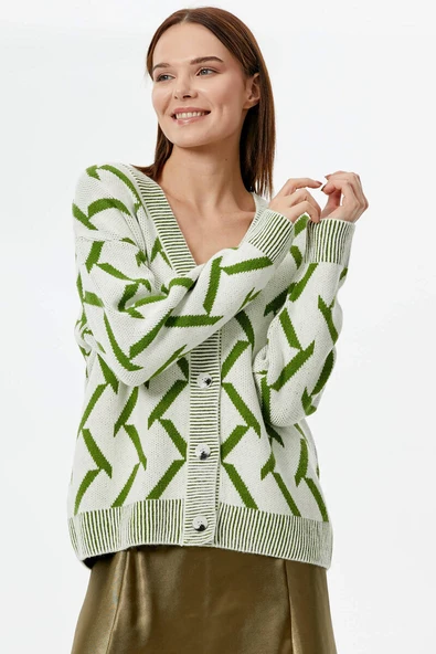 Geometrik Desenli Triko Hırka - Kemik - Yeşil - Resim 4