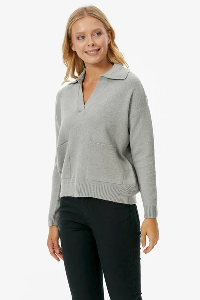 Polo Yaka Cepli Triko Kazak - Açık Gri - Resim 3