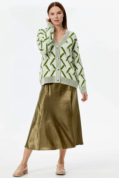 Geometrik Desenli Triko Hırka - Kemik - Yeşil - Resim 5