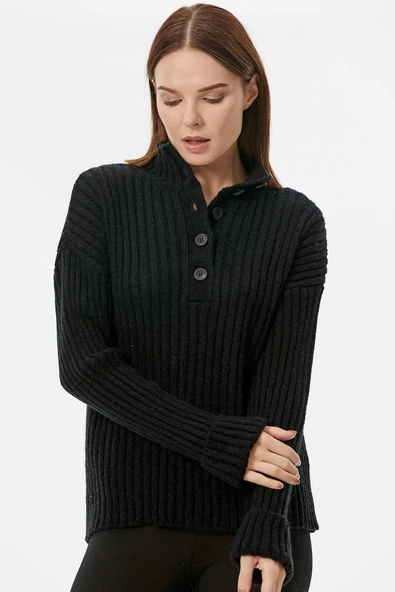 Yarım Balıkçı Yaka Düğmeli Kazak - Siyah - Resim 3