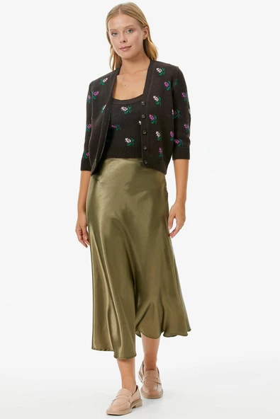 Çiçek Motifli Crop Triko Takım - Kahve - Resim 2