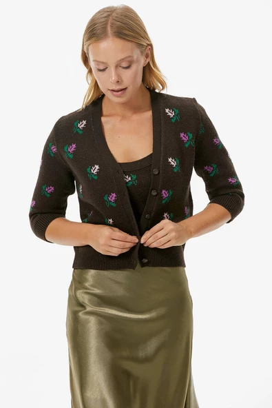 Çiçek Motifli Crop Triko Takım - Kahve - Resim 4