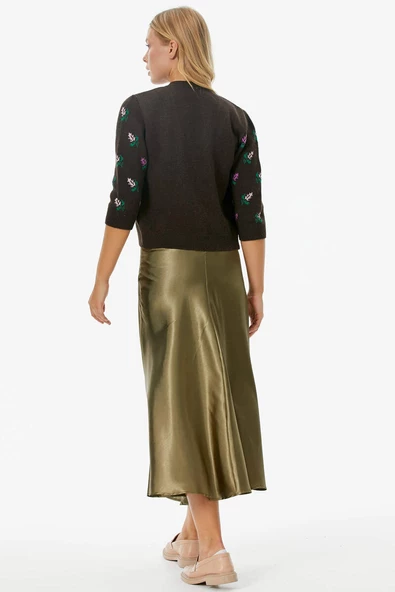 Çiçek Motifli Crop Triko Takım - Kahve - Resim 5