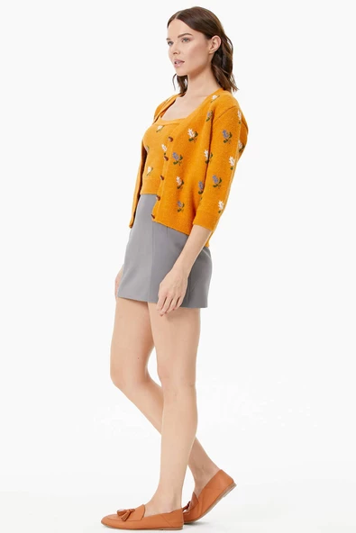 Çiçek Motifli Crop Triko Takım - Güneş - Resim 5