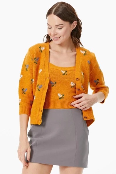 Çiçek Motifli Crop Triko Takım - Güneş - Resim 4