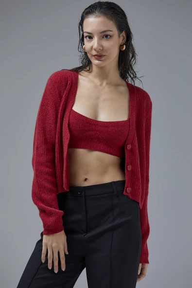 Hırka Atlet İkili Triko Takım - Kırmızı - Resim 2