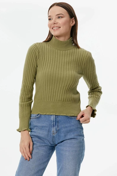 Yarım Balıkçı Düğmeli Derbili Triko Kazak - Yeşil - Resim 4