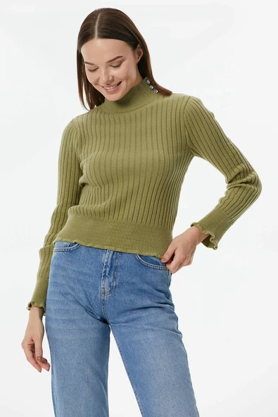 Yarım Balıkçı Düğmeli Derbili Triko Kazak - Yeşil - Resim 3