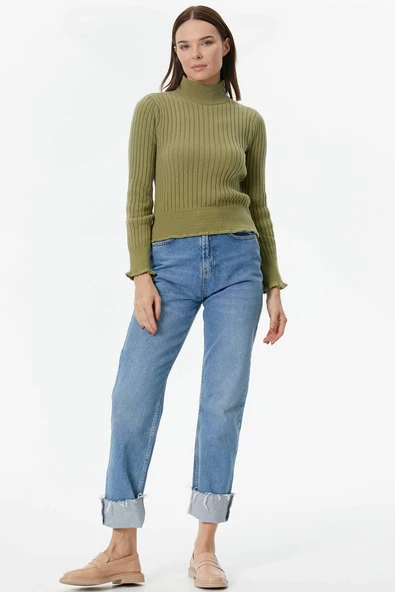 Yarım Balıkçı Düğmeli Derbili Triko Kazak - Yeşil - Resim 2