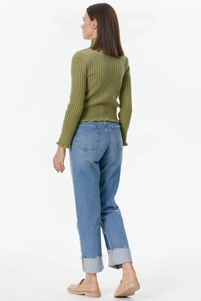 Yarım Balıkçı Düğmeli Derbili Triko Kazak - Yeşil - Resim 5