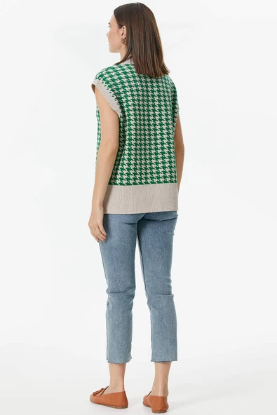 Kazayağı Desenli Triko Süveter - Bej-Yeşil - Resim 5