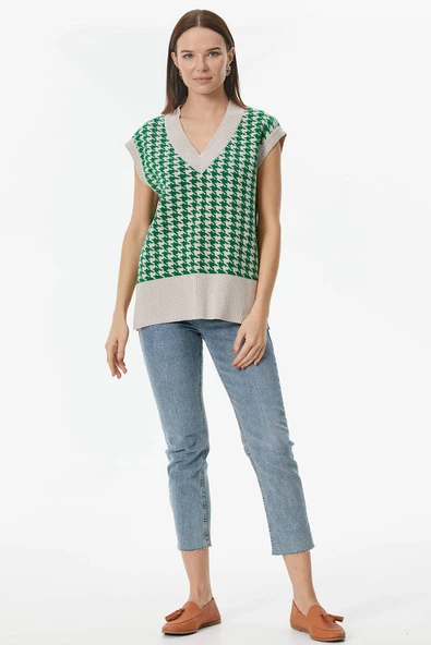 Kazayağı Desenli Triko Süveter - Bej-Yeşil ürün görseli 1