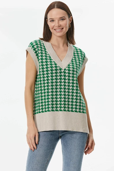 Kazayağı Desenli Triko Süveter - Bej-Yeşil - Resim 4