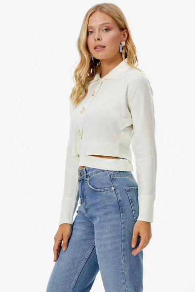 Parça Detaylı Polo Yaka Düğmeli Triko Crop - Kemik - Resim 4