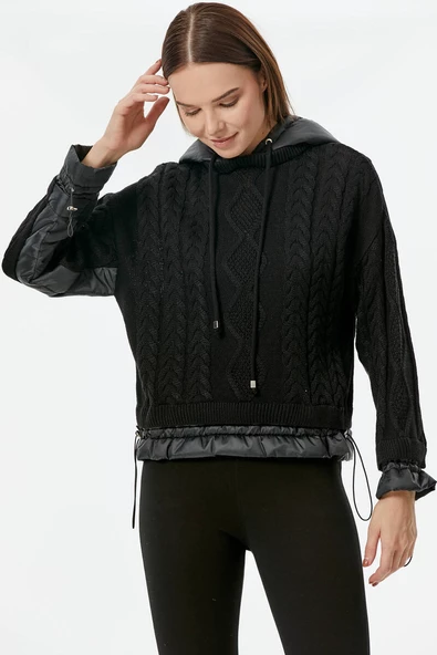 Miflon Kombinli  Kapüşonlu Triko Kazak - Siyah - Resim 3